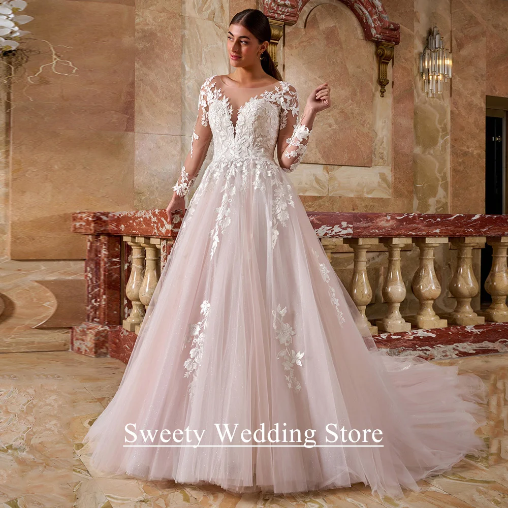 

Brush Pink Wedding Dress Customized Scoop Neck Long Sleeves Sequin Lace Applique Glitter Tulle Bridal Gown for Weddings