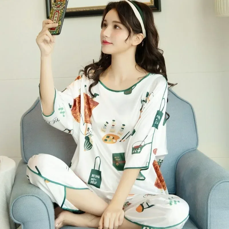 Summer Two-piece Pullover Nightgown Ice Silk Home Wear  Suitable for Going Out and Relaxing A Large 145KG  Nightgown for Women