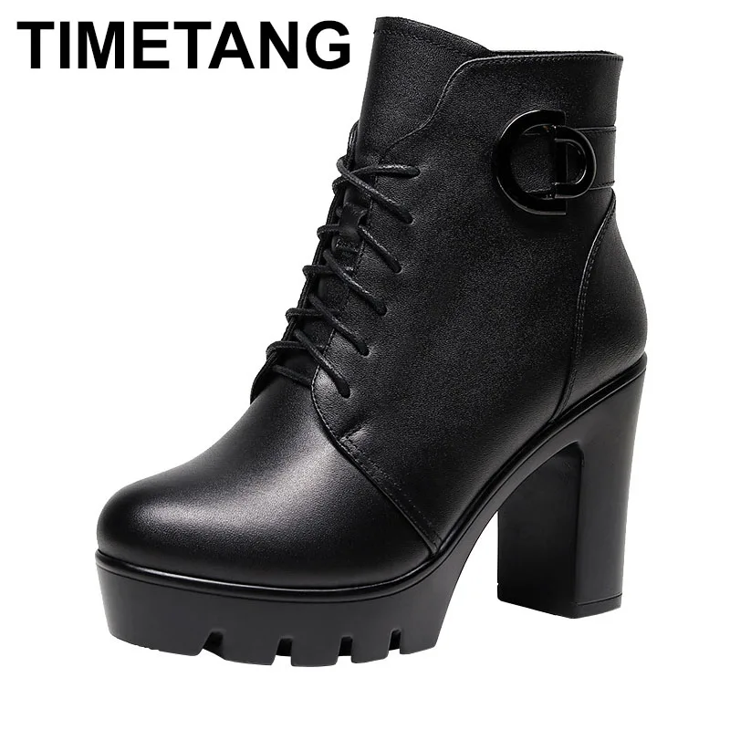 

High Quality Short Ankle Leather Boots for Women 10cm 13cm High Heel Platform New Autumn Winter 32 33 43 Elegant Shoe Black