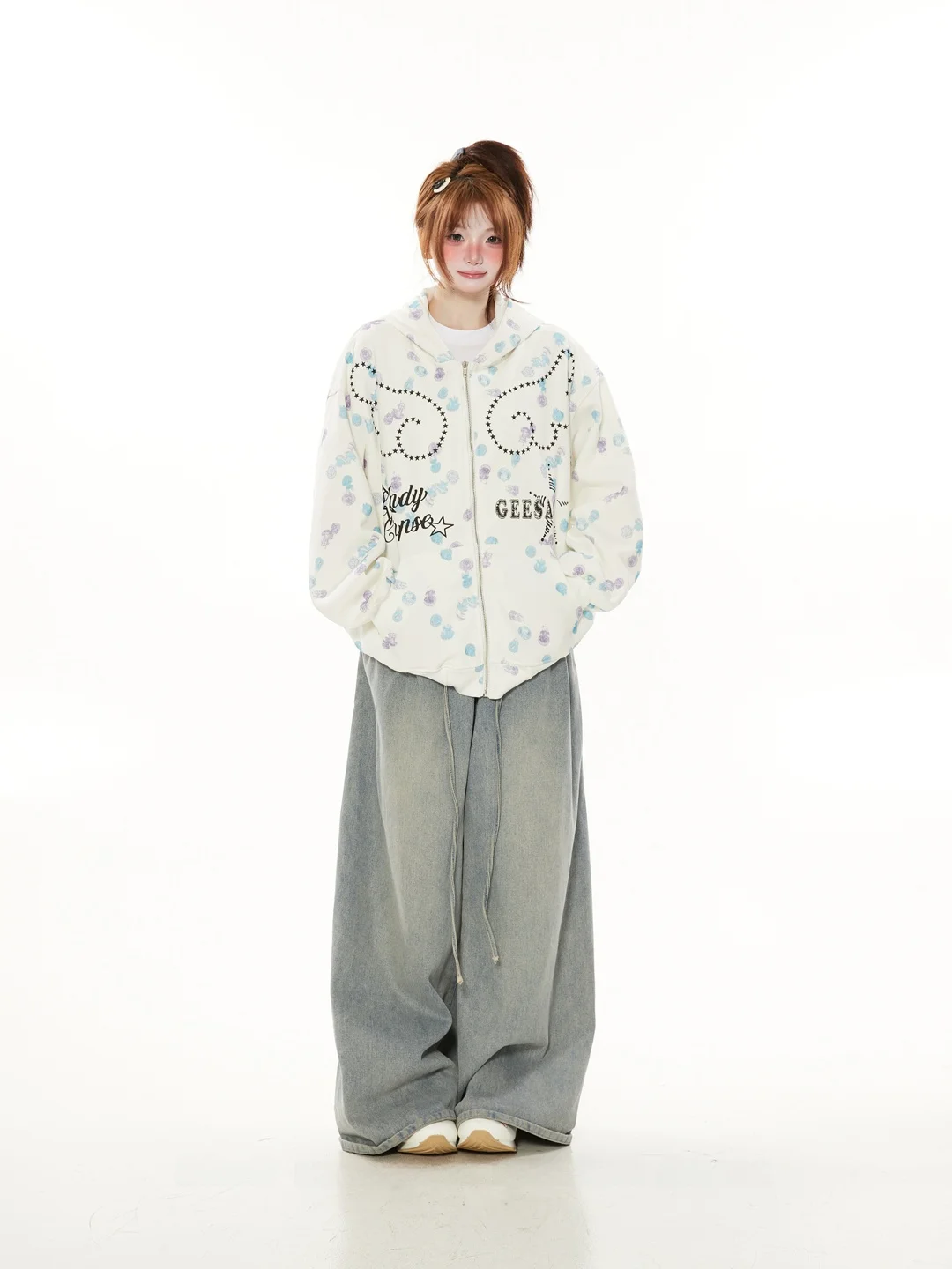 

American Sle Loose Angel Print Polka Dot Hooded Open Cardigan Sweatirt Women Spring Autumn Thin Korean Versatile Design Coat