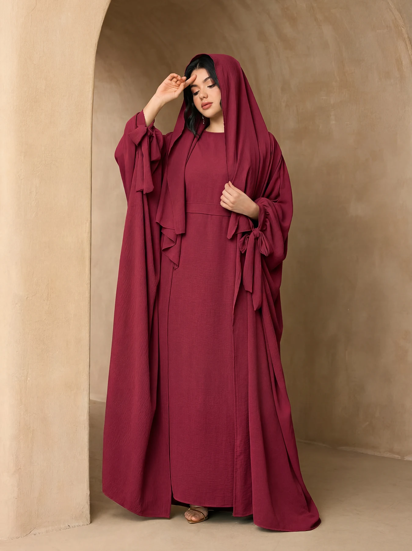 3‑Pieces Abaya Outfit, Bow Cuff Open Kimono Cardigan, Crinkle Inner Dress & Hijab, Modest Solid Islamic Set for Muslim Ladies