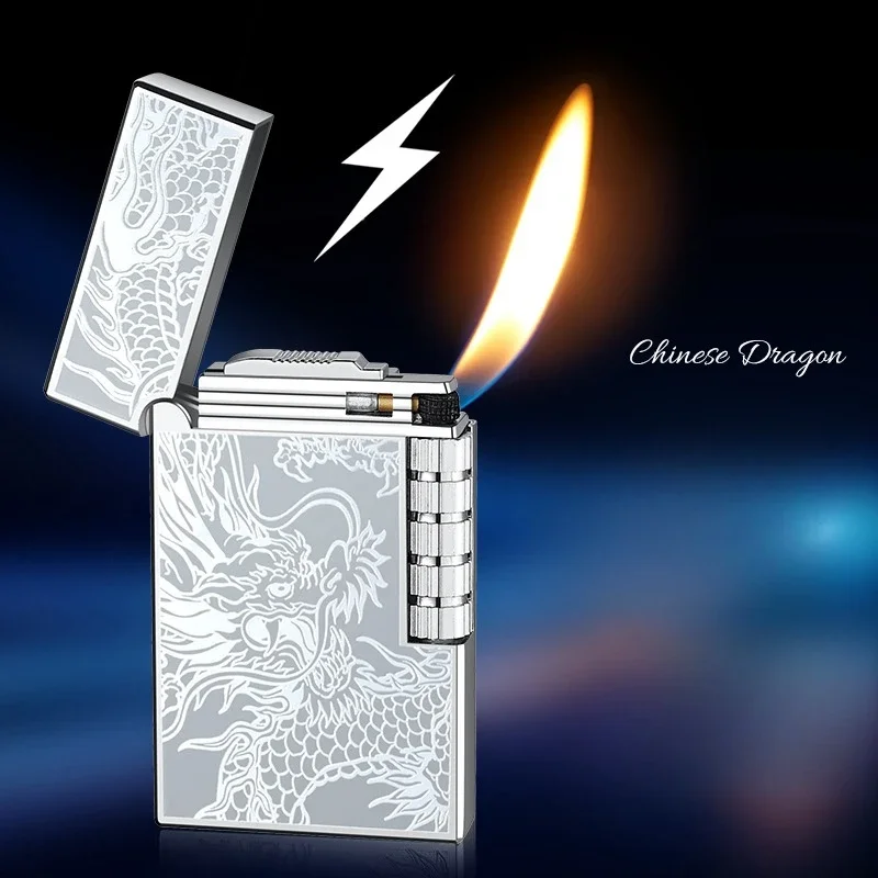 2024 Metal Steel Sound Chinese Dragon Oblique Fire Inflatable Lighter Side Pulley Igniting Butane Gas Pipe Lighters Smoking Gift