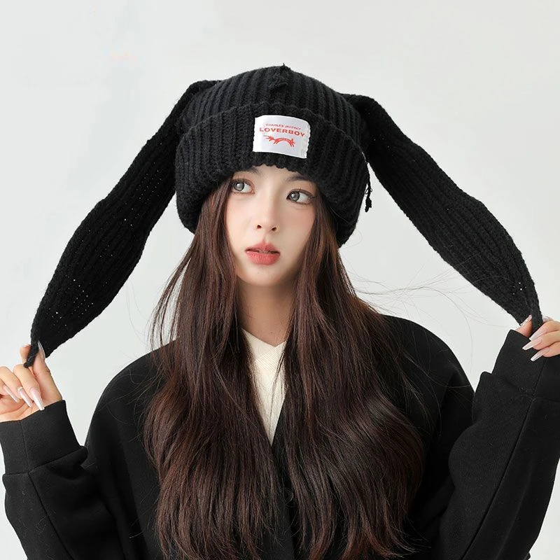 

Kawaii Long Rabbit Ears Knitted Hat Winter Accessories Fashion 2000s Warm Cap Hip Hop Y 2k Emo Korean Style Knitted Hat Female