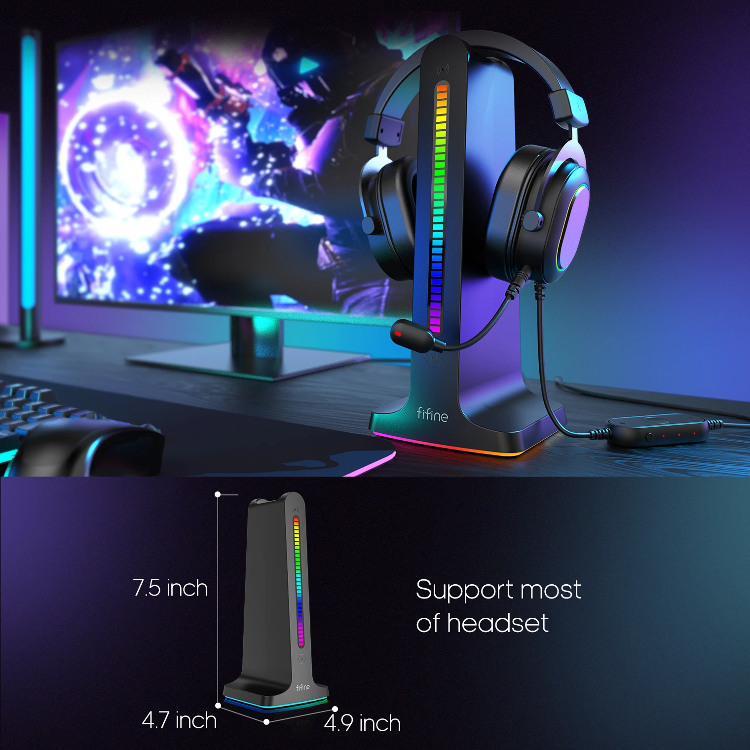 FIFINE RGB Headphone Stand,with Power Strip 2 in1,USB Headset Holder for Gaming Headphone/Bluetooth Headphone-Ampligame S3