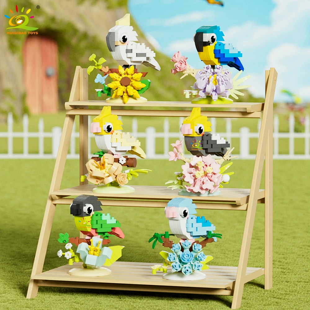 Huiqibao moc papagaio pássaro flor com caixa de exibição micro bloco de construção mini diamante modelo tijolo brinquedo para crianças decoração mesa.