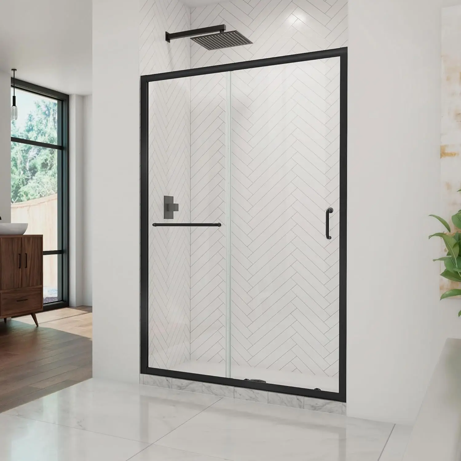 Infinity-Z 44-48 In. W X 72 In. H Semi-Frameless Sliding Shower Door, Clear Glass In Matte Black