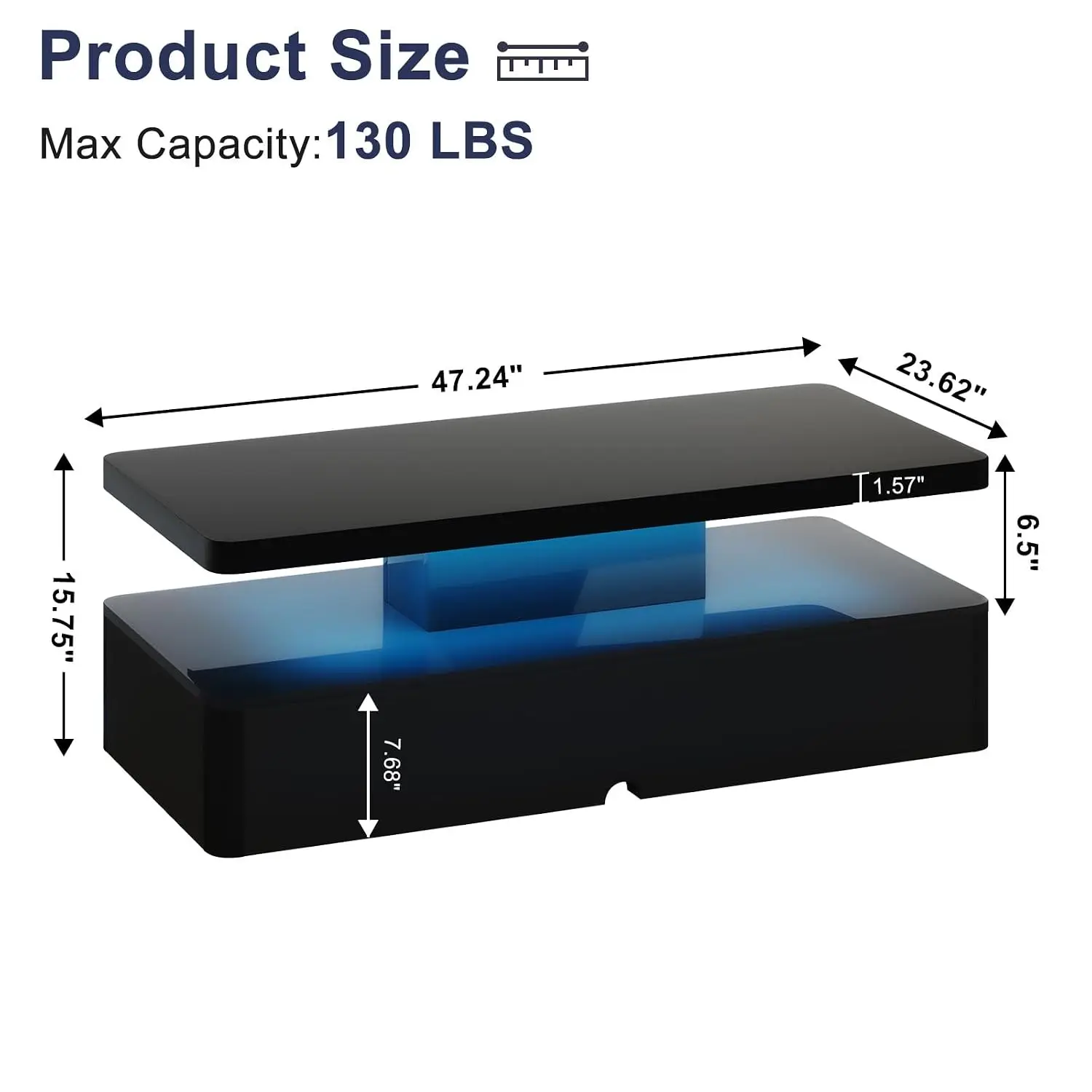Modern Coffee Table, 47 Inches Coffee Tables with 16 Colors LED Lights, 2 Tier Rectangular Center Table, Large, Customized