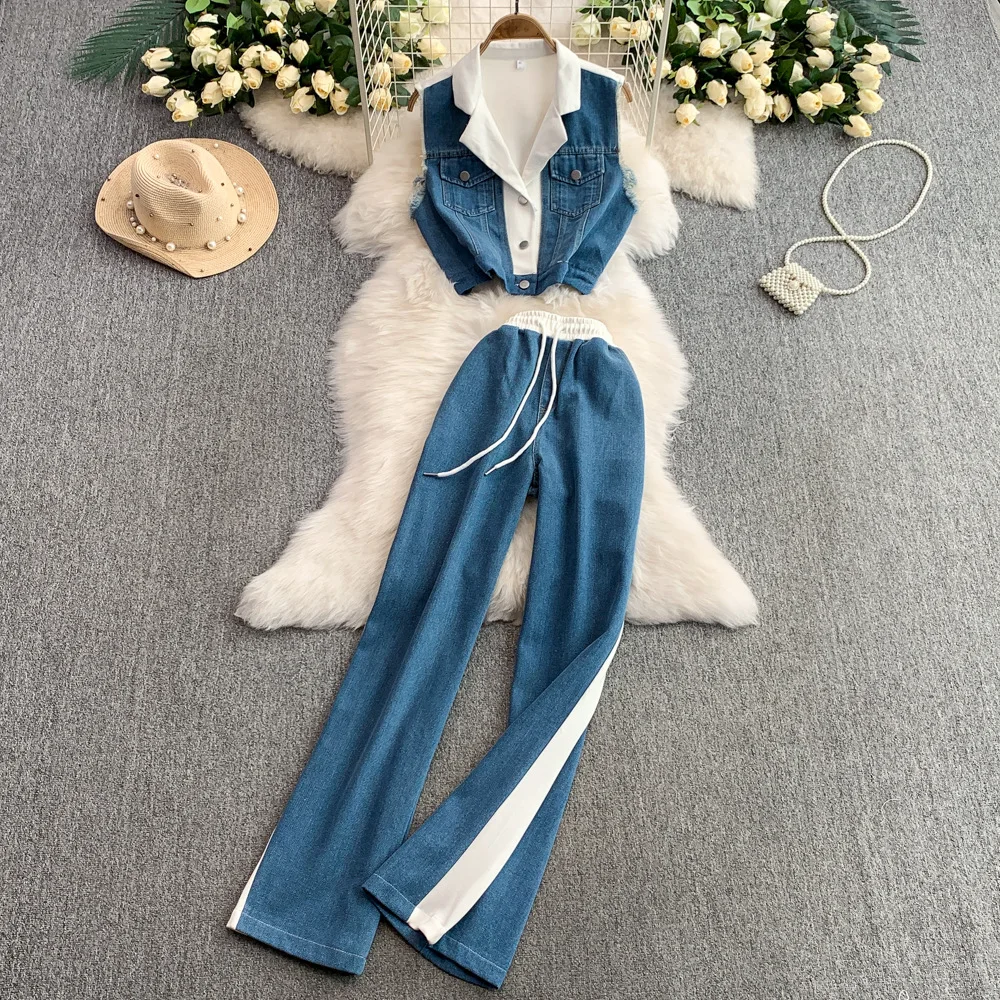 

Denim Pant Set Women Two Piece Sets Matching Sets Sleeveless Tops Wide Leg Long Pants Lace Up Elastic Waist Y2k Streetwear
