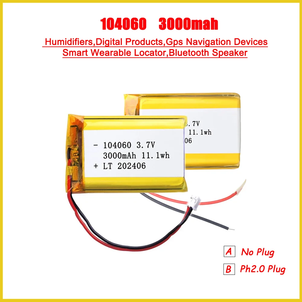 104060 3000mAh 3.7V Polymer Lithium Battery For Humidifiers Gps Navigation Devices Smart Wearable Locator Bluetooth Speaker