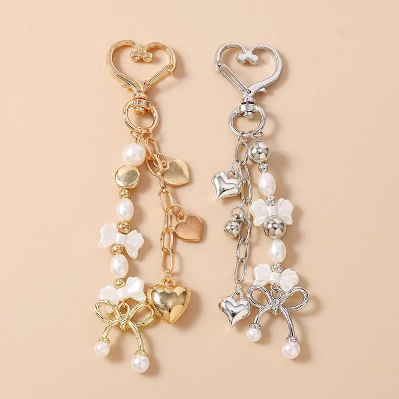 Handbag Accessory Keychain Bowknot Love Heart with Pearl Pendant for Women Girls Stylish Purse Decor for Work