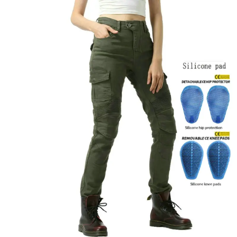 أنثى دراجة نارية أربعة مواسم ركوب الجينز الجيش الأخضر موتوكروس حماية السراويل النسائية قاطرة واقية بنطلون مستقيم #1