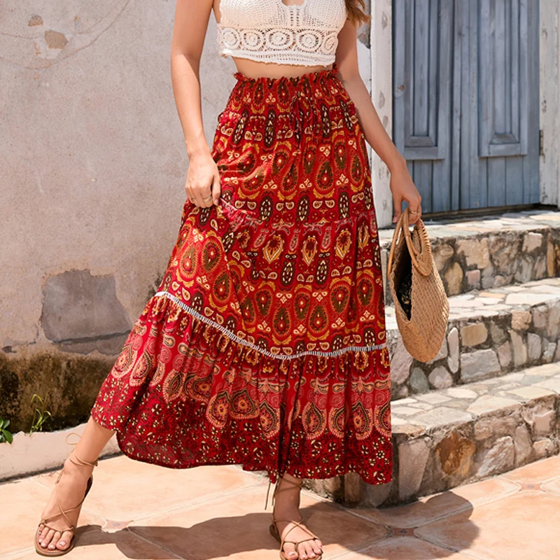 Retro Print n Holiday Sle High Waist Beach Skirt Midi Cotton Silk f Skirt Summer Women's A-Line Sweet Sle