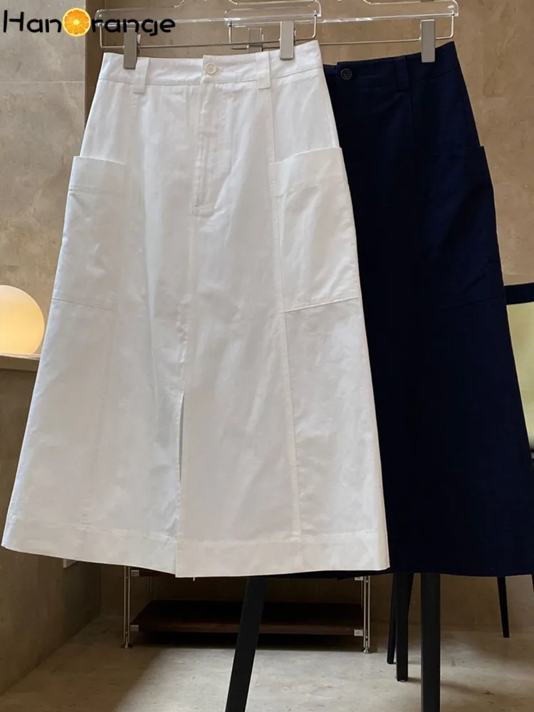 HanOrange 2024 Summer Skirt Lyocell Cotton Loose Silhouette High Waist Straight Slit Casual Skirt Female White/Navy Blue