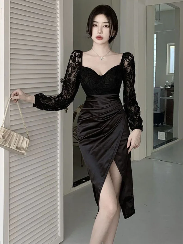 Zoki-Vestido retrô feminino com retalhos, elegante e fino vestido midi sexy com colarinho quadrado, cetim de fenda casual francês, vintage Lady Vestidos