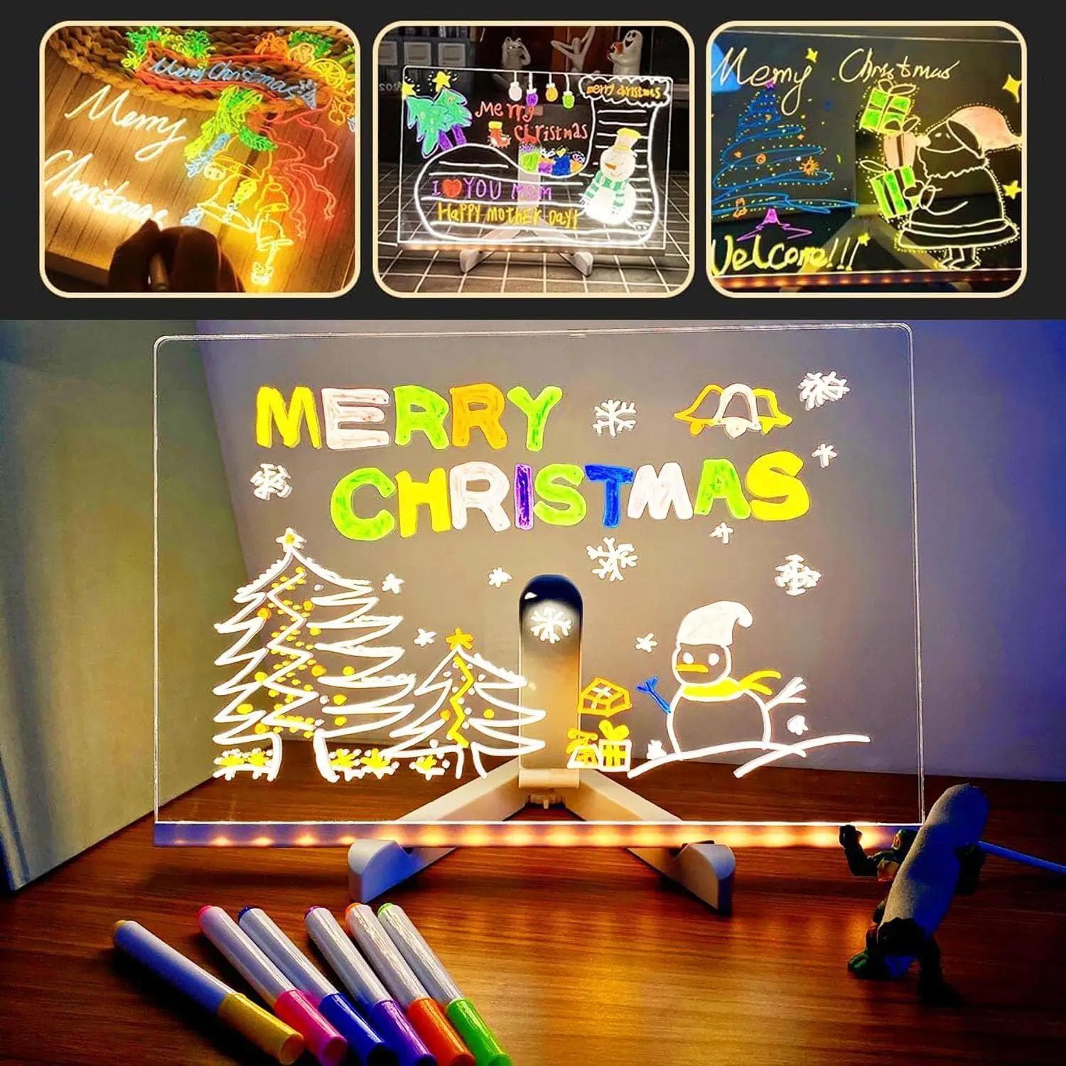 LED Note Board With Night Light Colorful 7 Pens DIY Acrylic Message Board Children‘s Drawing Board For Kids Birthday Gift