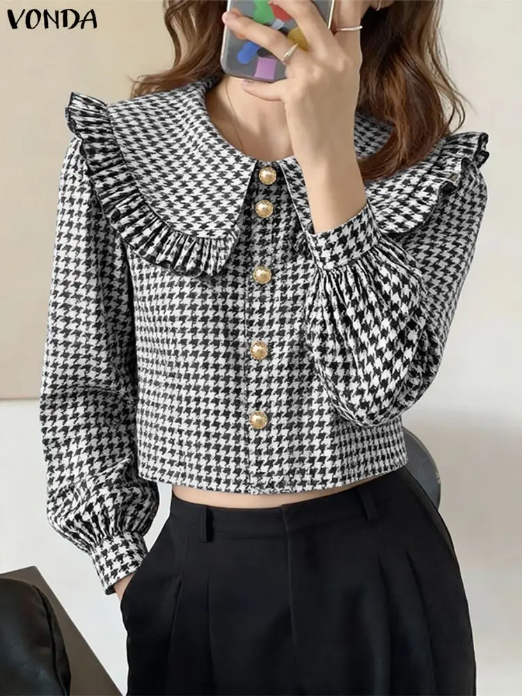 

VONDA Fashion Shirts Women Blouse Elegant Checkered Pattern Print Streetwear Peter Pan Collar Long Sleeve Tops Tunic Vintage