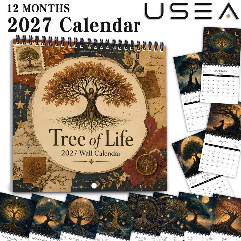 2027 Wall Calendar,Large Writable Blocks,US Federal Holidays & Lunar Phases,Celestial Tree of Life Boho Decor,Gift for Mom Women