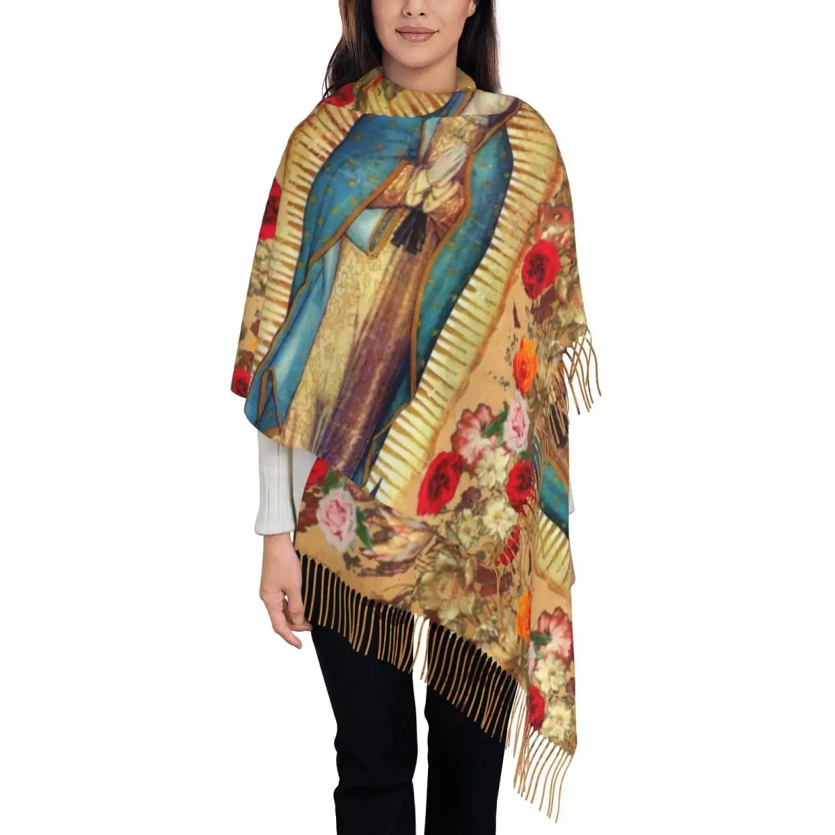 Ladies Long Our Lady Of Guadalupe Virgin Mary Scarves Women Winter Thick Warm Tassel Shawl Wrap Catholic Mexico Poster Scarf