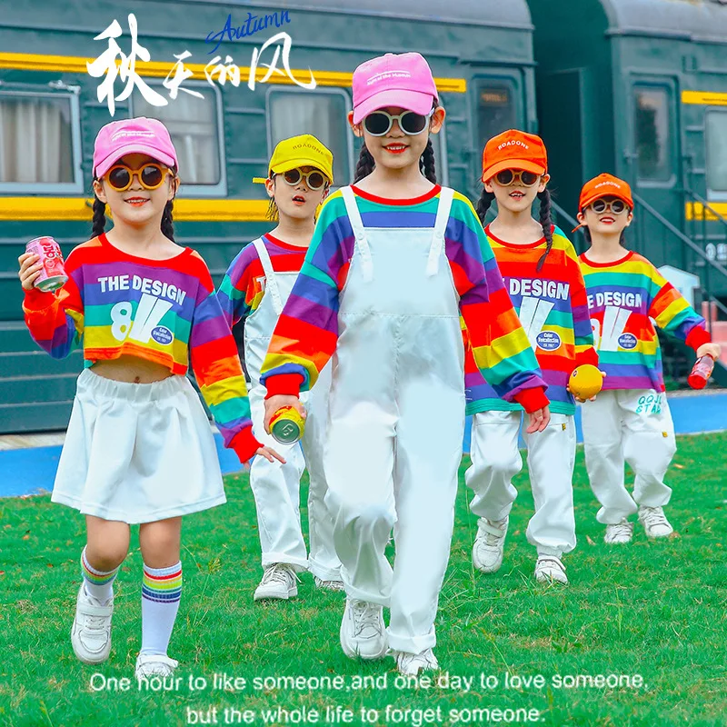 Kids Hip Hop Overalls Candy Color Street Dance Dungaree Jumpsuit for Boys And Girls Rainbow T-Shirt And Trousers Romper Suit