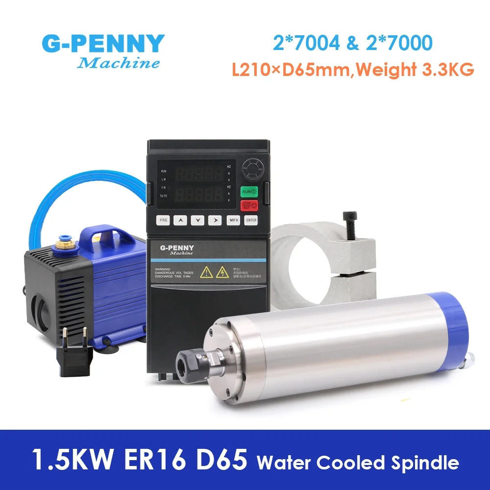 G-Penny CNC 1.5KW ER16 65mm 4 pcs Bearings 24000rpm Water Cooling Spindle Kit & VFD & Pump & Holder For Wood Aluminum Milling