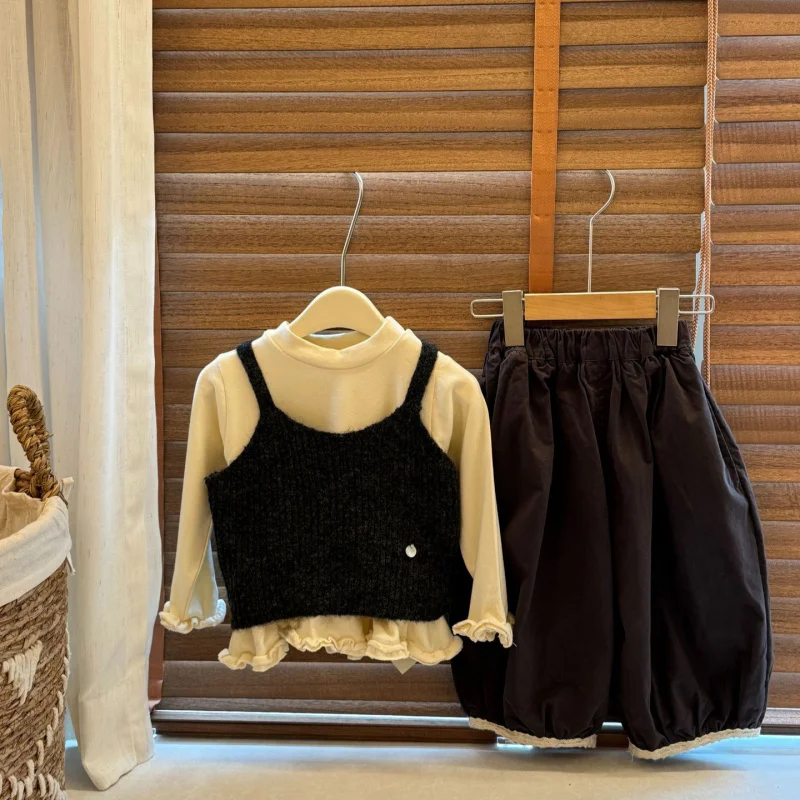 Girls Suit2025Autumn New Stylish Little Girl Knitted Vest Two-Piece Set Fashionable Children