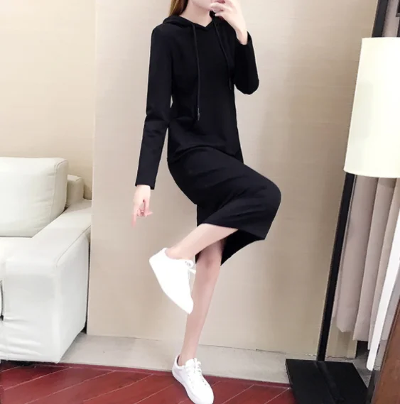 Medium and Long Hooded Sweater 2023 Women's Spring New Large Long Sleeve Slim Fit Waist Pullover Bottomed Dress