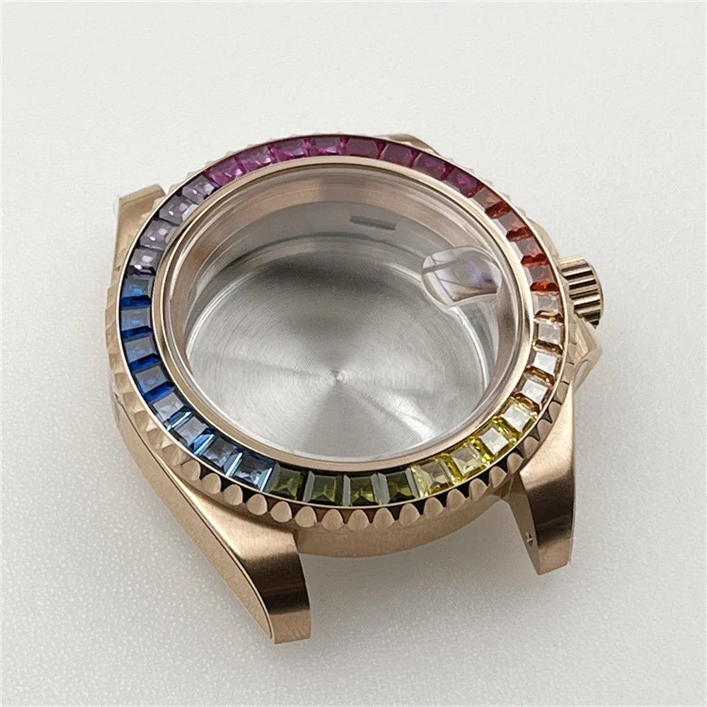 

41mm watchcase New Rainbow Crystal Bezel Rose Gold Watch Case 30ATM Waterproof Sapphire Glass Cases for NH35 NH36 Movement