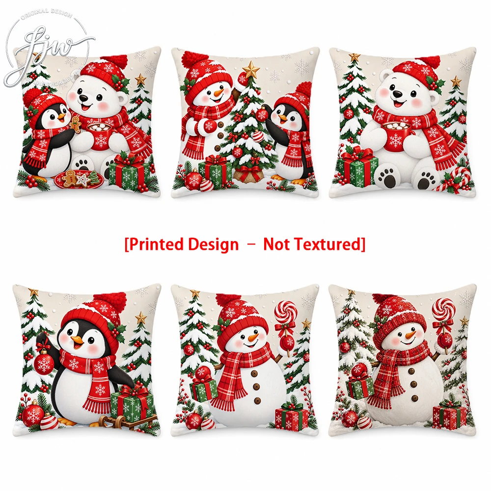 6pcs Christmas Throw Pillow Covers Snowman Penguin Polar Bear, Cute Xmas Holiday Decor for Sofa Couch Bed