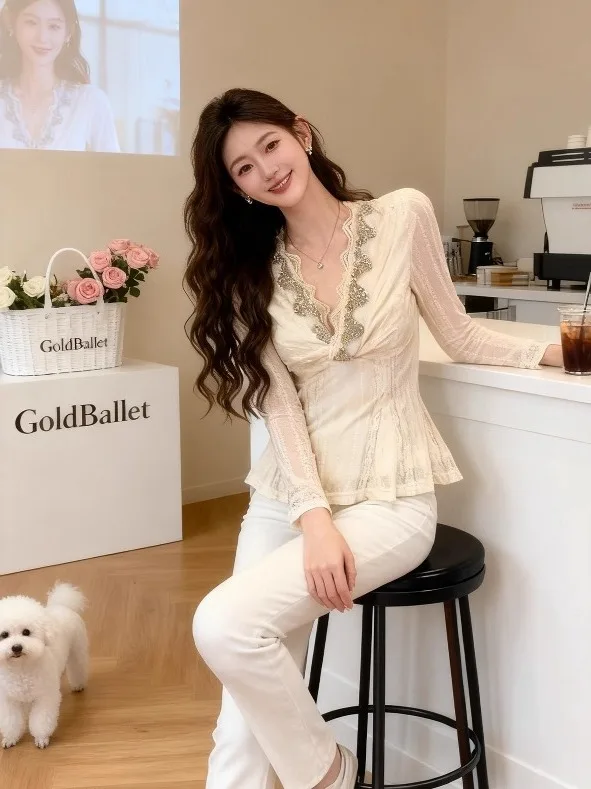 

Женская блузка Ele V-Ne Lace Base с изысканной вышивкой и узлами, приталенная, осенне-зимняя, премиум-класса, очень красивая