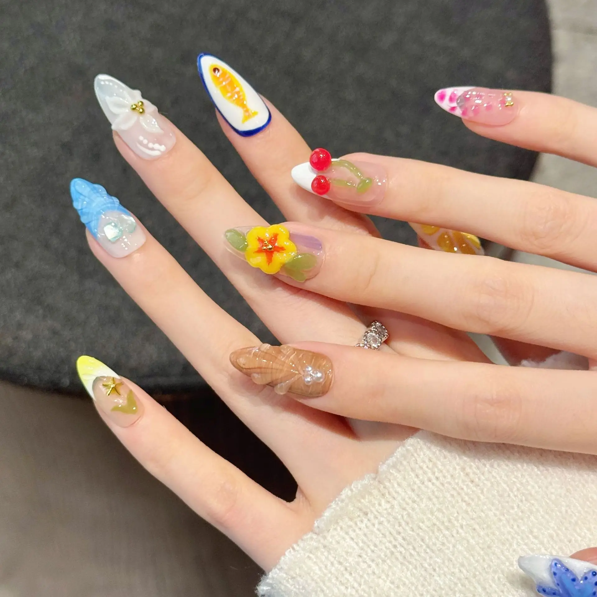 

10 шт. новый миндальный пресс ручной работы на ногтях 3D цветок пляжные картины дизайн летние красочные накладные ногти носимые накладные ногти