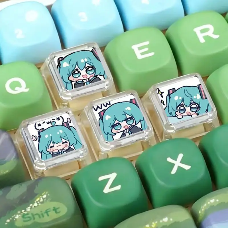 Tecla Transparente con Diseño de Anime Hatsune Miku para Teclado Mecánico de Eje Cruzado, Tecla Personalizada con Dibujos Animados
