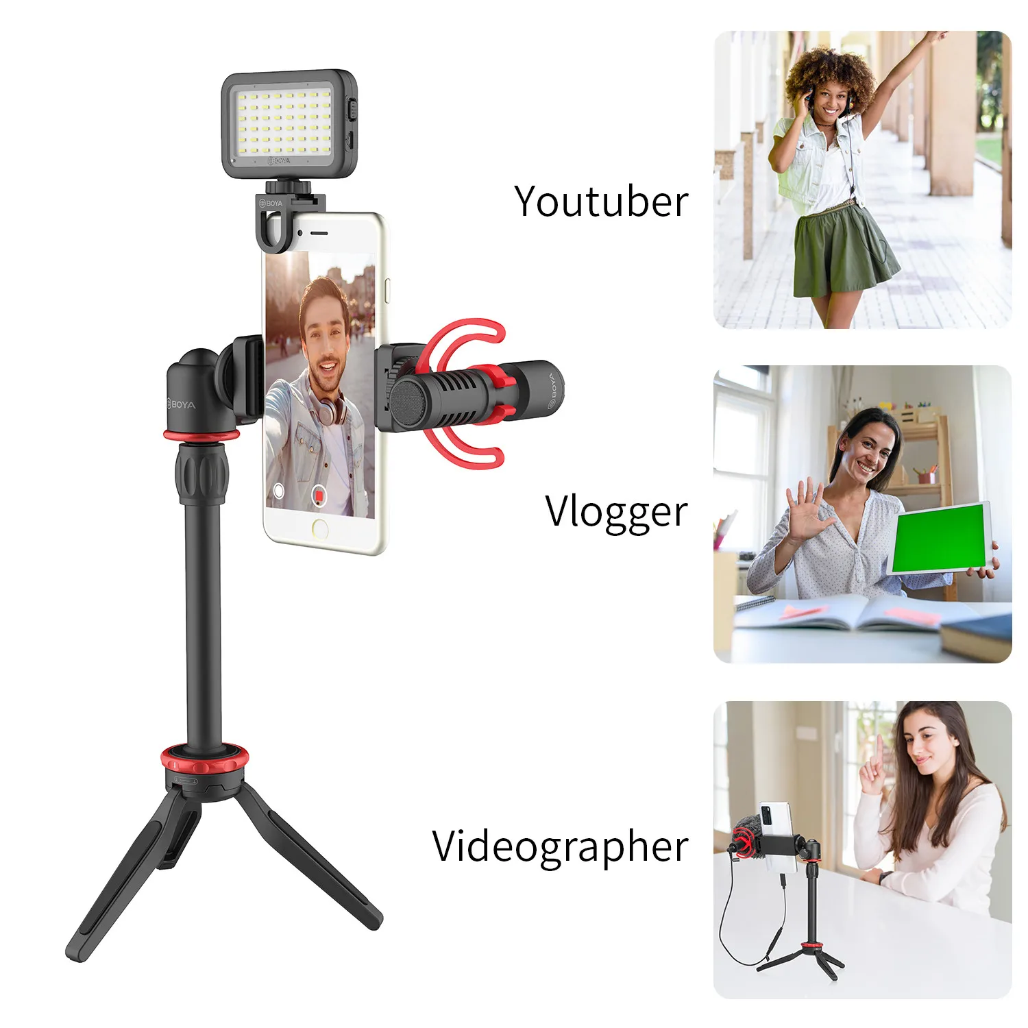 BOYA BY-VG350 Smartphone Video Kit with Mini Tripod Extension Tube LED Light Condenser Microphone for Phone YouTube Vlogging