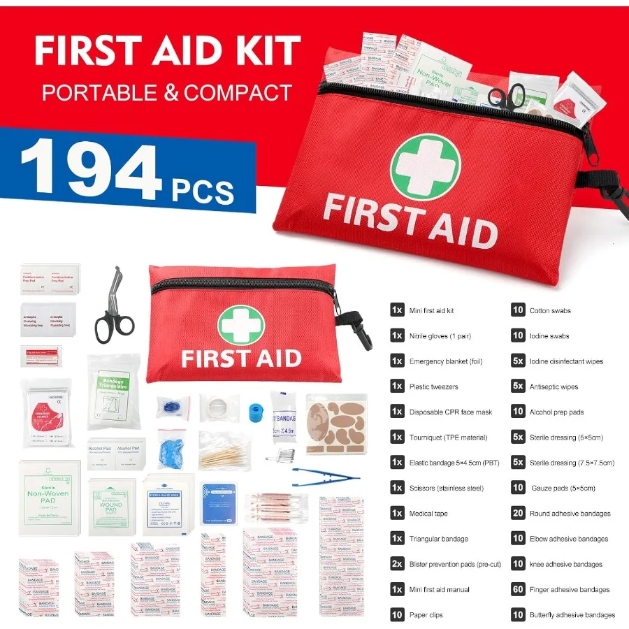 Mini First Aid Kit for Minor Cuts Scrapes Sprains Burns 194Pcs Portable Compact First Aid Kit for Home Car Travel Camping and O