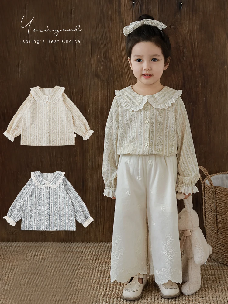 

Girl's Floral Jacquard Top Spring Soft Lapel Patchwork Lace Shirt Trend