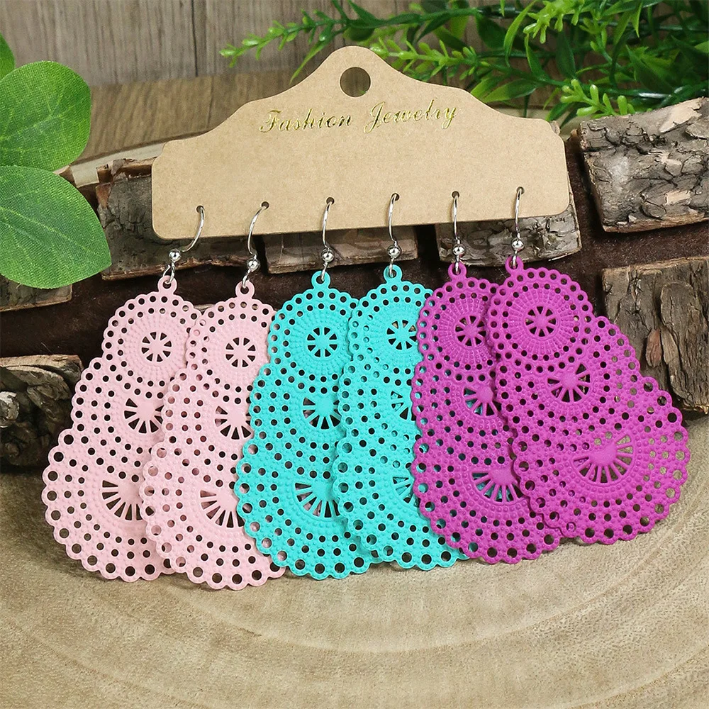 3pcs Candy Color Hollow Pattern Water Drop Earrings Set for Women Boho Ethnic Long Statement Dangle Earrings Wedding Jewelry