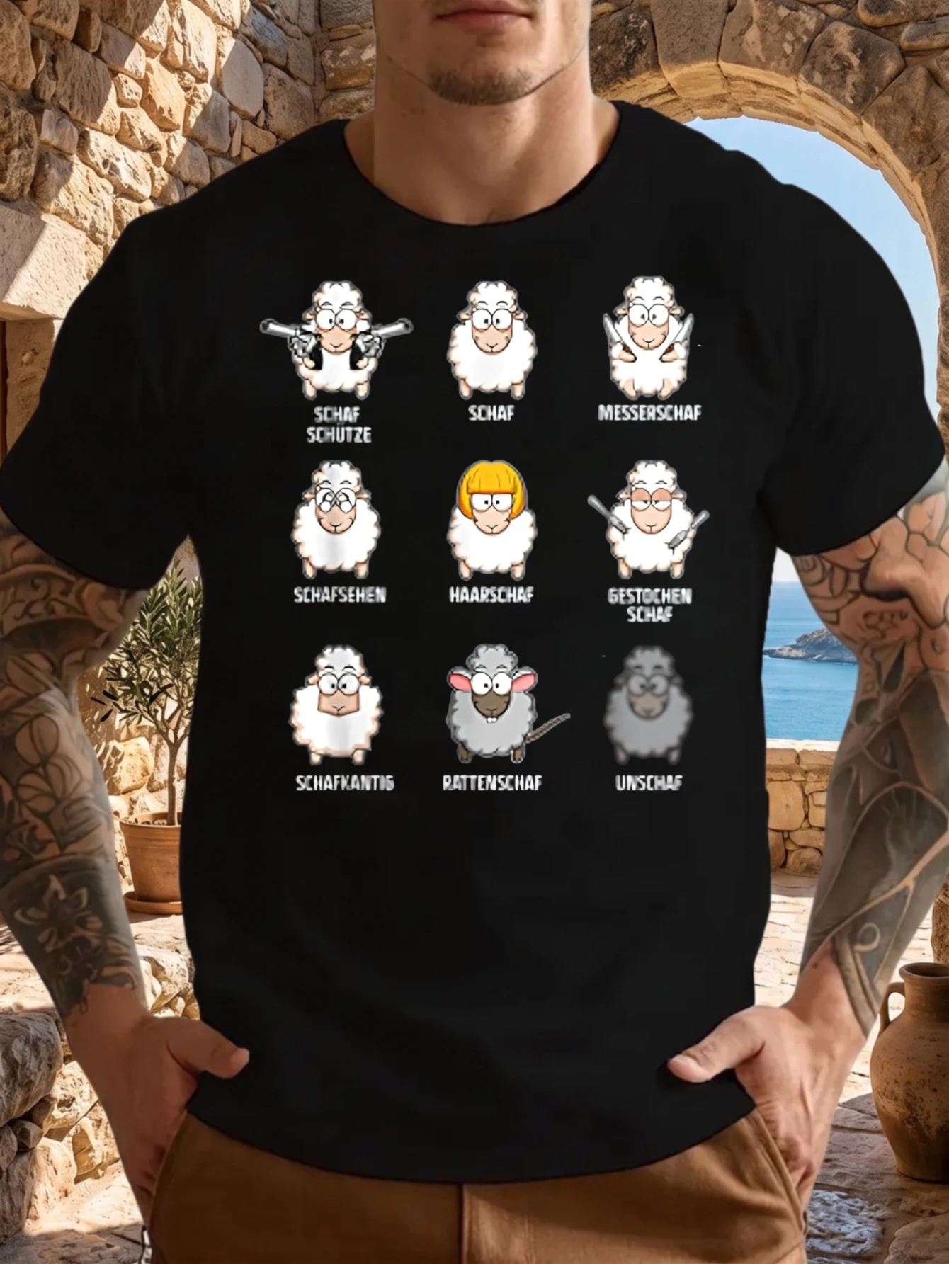 1 Stück 100% Baumwolle Unisex T-Shirt mit deutschen Etiketten und neun Cartoon-Schaf-Charakteren, bedruckt auf schwarzem T-Shirt mit O-Ausschnitt und kurzen Ärmeln, Übergröße, bequeme