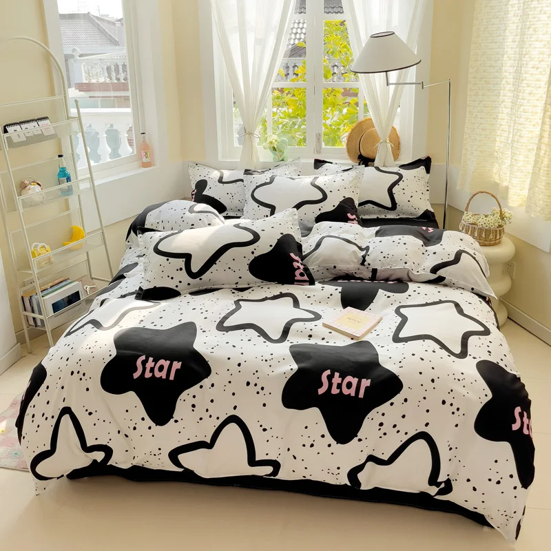 4PC Cool Black White Star Bedding Set, Soft Breathable All-season Bedding for Stylish Bedrooms & Homestays