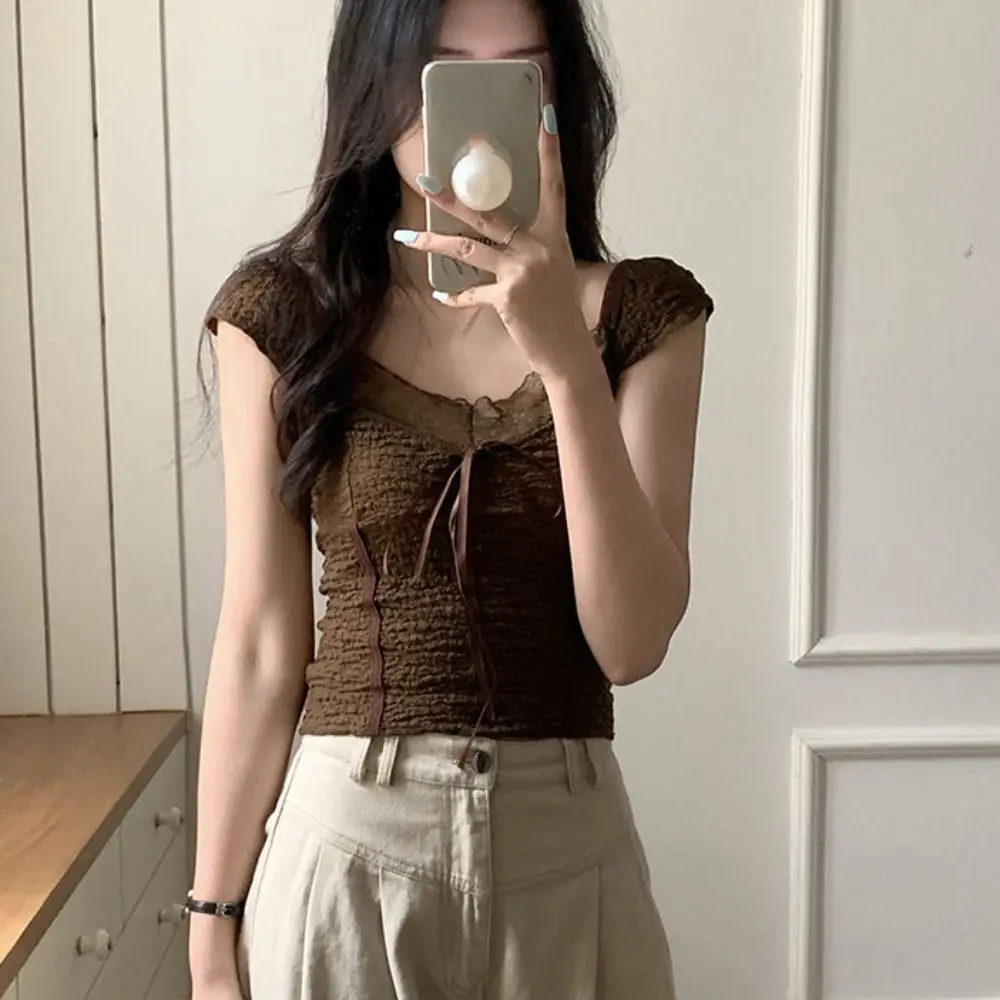 

Ins Sweet Slim Crop Top Female Clothing Korean Style Short Sleeve T-shirt Bottoming Shirt Spicy Girl Lace Bow T-Shirt Summer