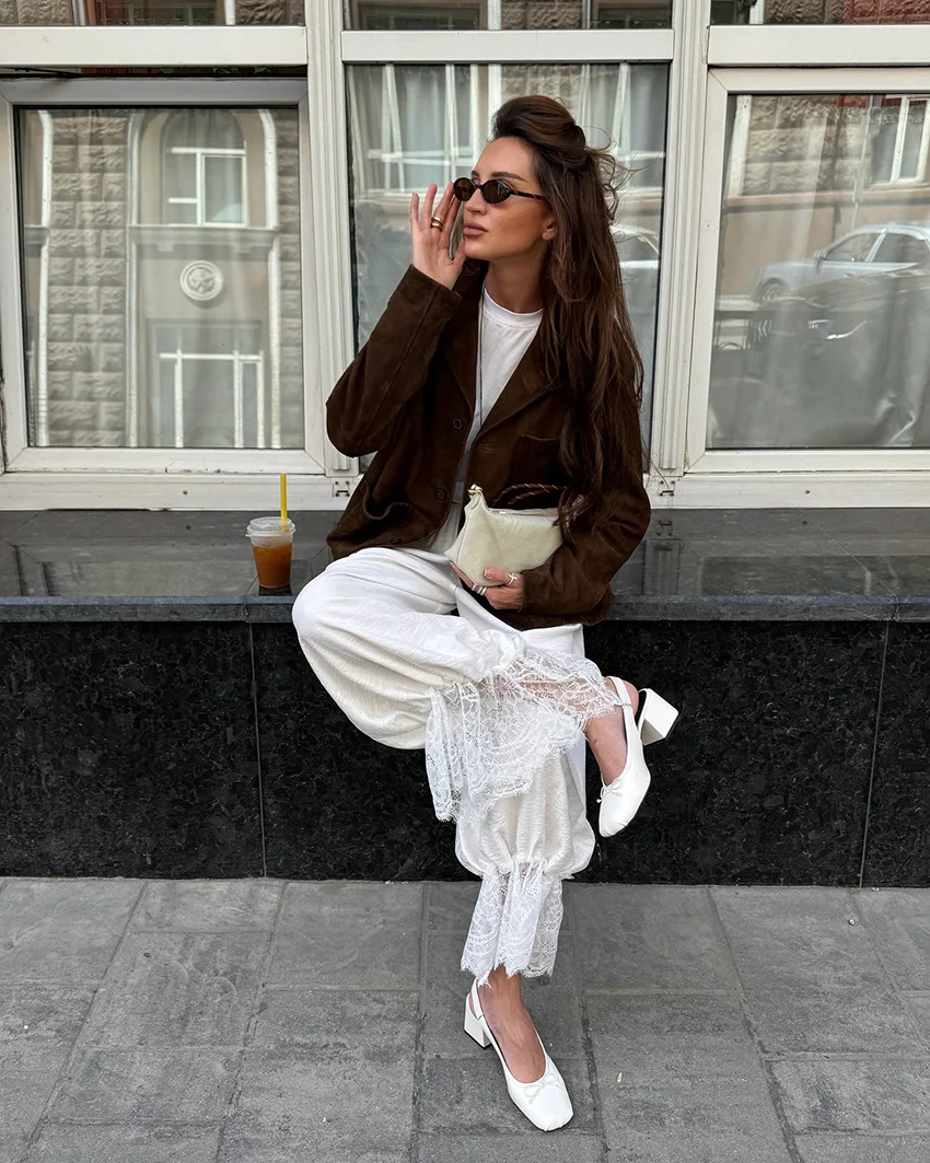 BKLD 2025 Autumn Women Clothing Fashion Hollow Out Lace Edge Elastic Band Casual Loose Ruched High Waist Haren Pants White