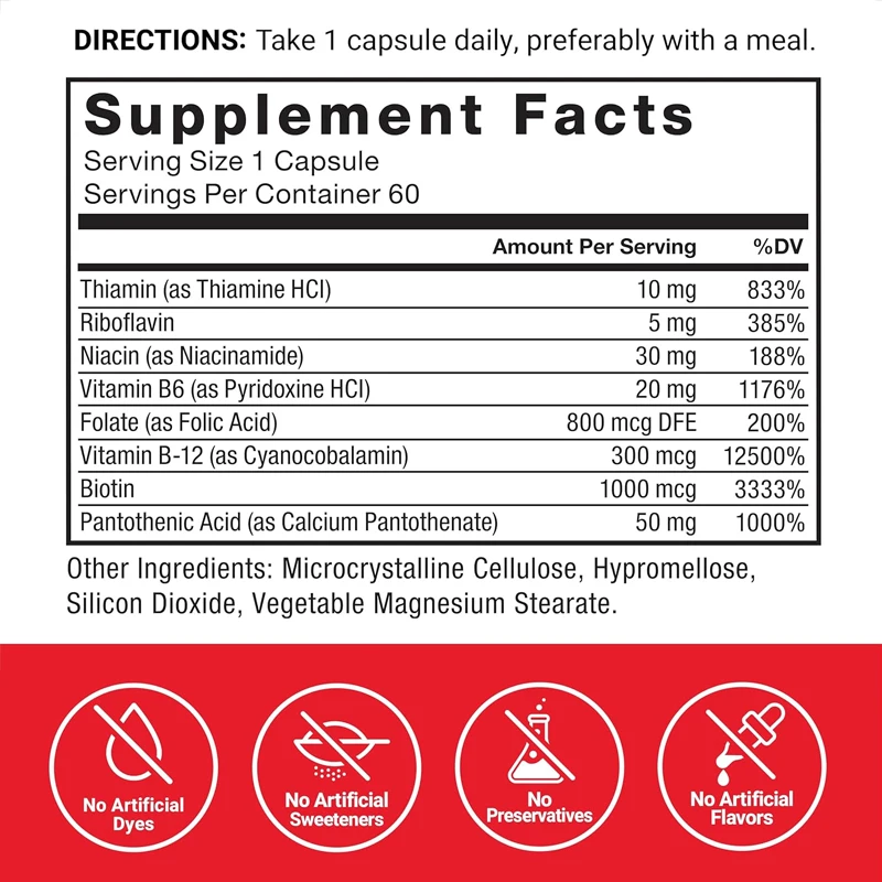 รองรับวิตามินบีคอมเพล็กซ์ที่มีวิตามิน B1, B2, B3, B12, ฯลฯ, มังสวิรัติ, Non Gmo, ผัก 60 แคปซูล