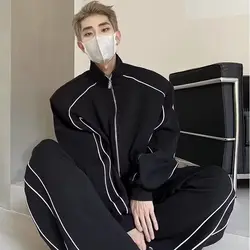 style design handsome sports suit men's loose high-end cardigan jacket sports wide-leg pants paired with a set of Harajuku retro