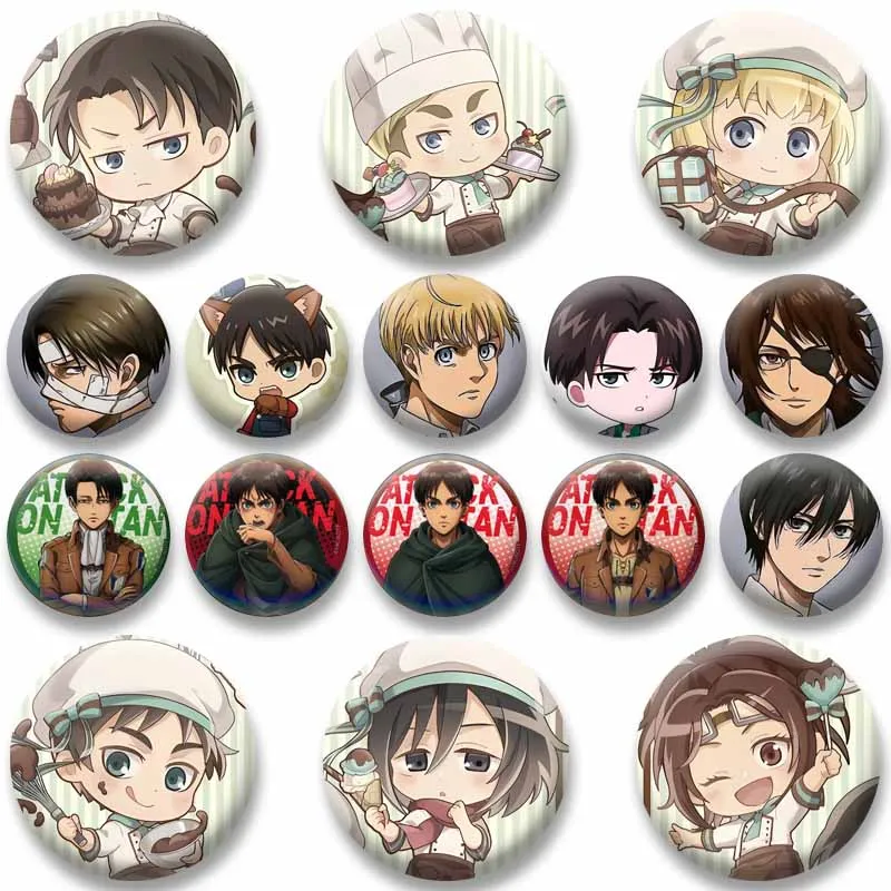 Eren Yeager Levi Mikasa Armin Hange Cartoon Brooch on Backpack Anime Figure Round Badges Pins Clothes Hat Jewelry Accessories