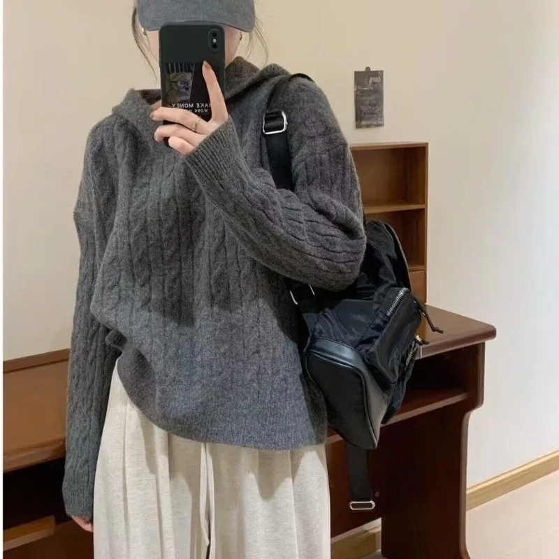 women sweater 2025 Autumn Winter New Women's Cable Knit Hoodie Retro Lazy Loose Fit Soft Cozy Trendy Knit Sweater