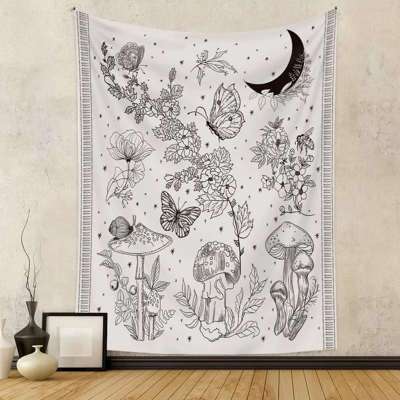 VIKAMA Black White Botanical Moth Tapestry Mushroom Moon Line Art Witchy Dark Academia Wall Hanging Art Bedroom Dorm Decor