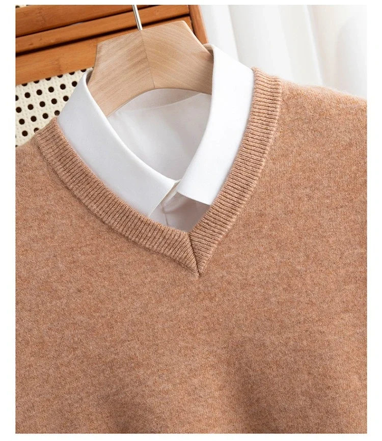 

Men Wool Sweater V-Neck Pullover Autumn Winter Cashmere Warm Solid Knitwear Clothes Business Bottoming Soft Tops