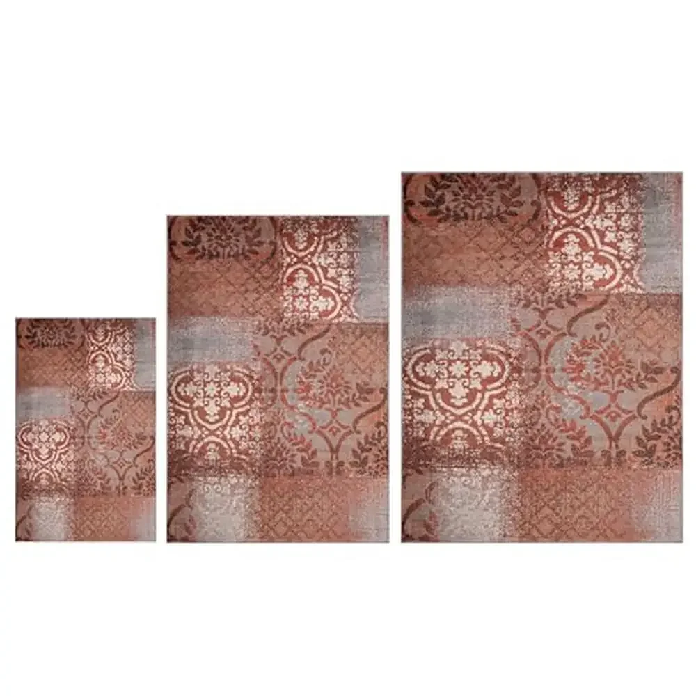 Floral Patchwork Area Rug Set 3 Pieces Polypropylene Jute Backing Traditional Vintage Classic Decor Hallways Living Bedrooms