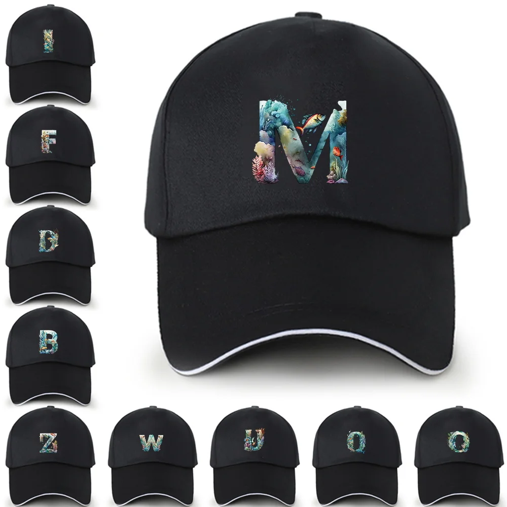 New Fashion Men's and Women's Fish Letter Printing Pattern Outdoor Travel UV Protection Hat Adjustable Cotton Sunshade Hat