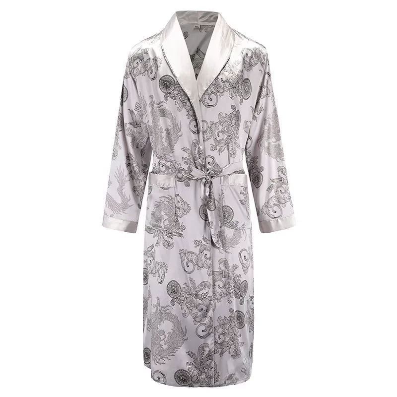 Men Mens Robe Long Sleeves Bathrobe Silky Satin  Kimono Dragon Print Pajamas Bathrobe Night Dressing Gown