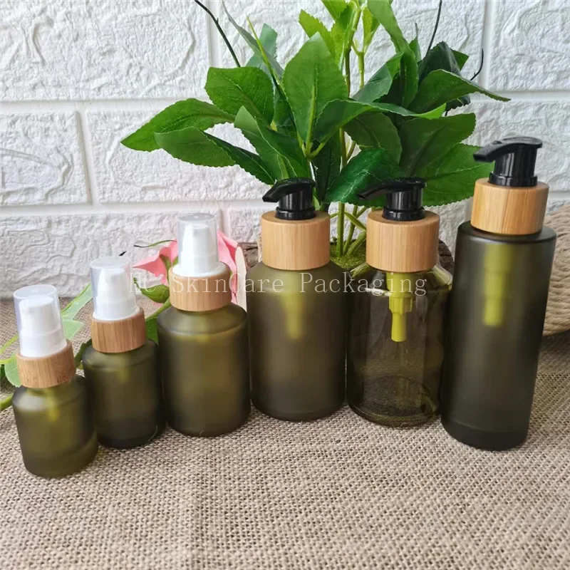 

sale Sample Free Green frosted Glass lotion bottle with Bamboo pump,cosmetic glass packing,cosmetic bottle,packing for liquid