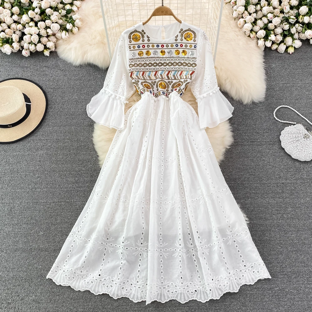 Vintage Elegant Lace Hollow Out Summer Dress Women\'s Short Sleeve Crochet Embroidery Blue White Bohemian Long Dresses